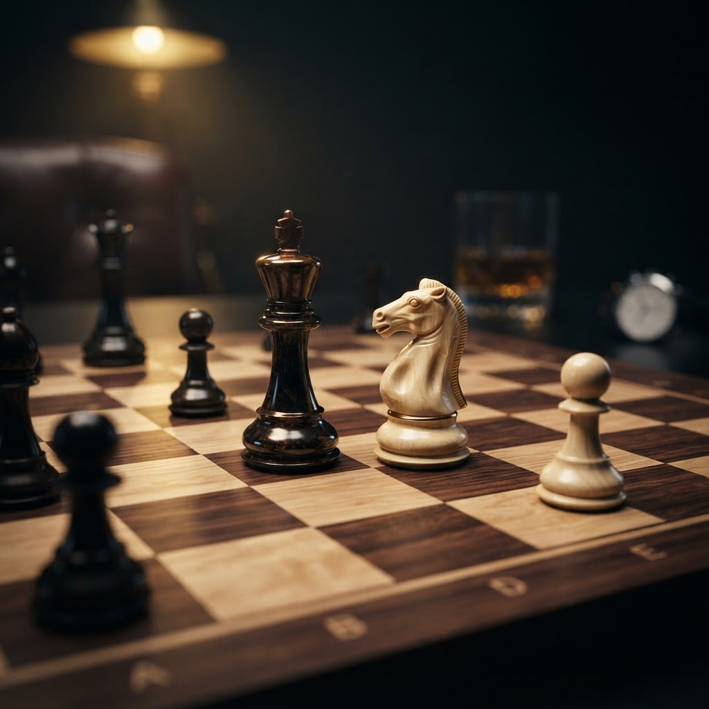 Close-up of a premium chessboard mid-game under dramatic golden lighting